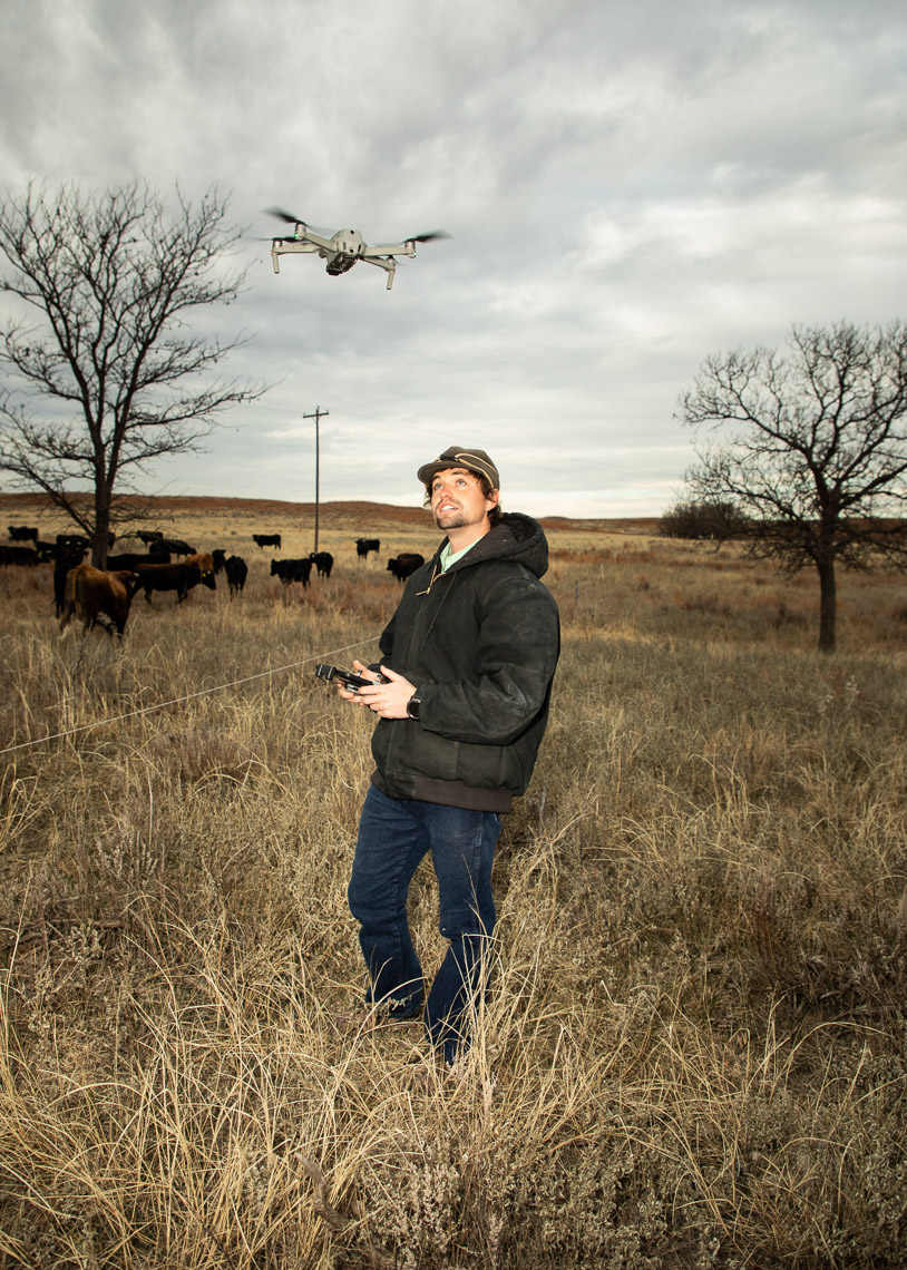 Adam Isaacs often uses a drone on his ranch outside of Canadian, Texas to check on herds of cattle.  On location for The New York Times. Brett Deering