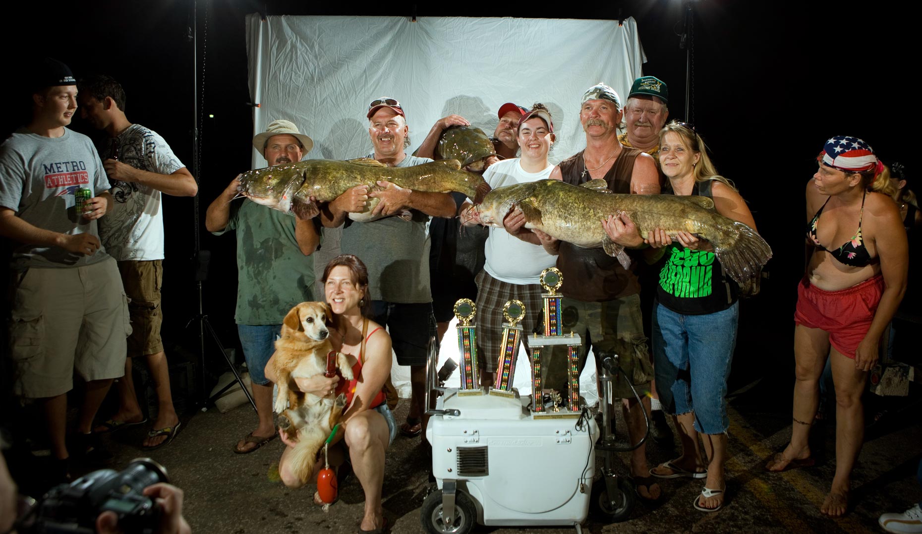 Okie Noodling contestants gather for a photograph in Pauls Valley, Oklahoma. 